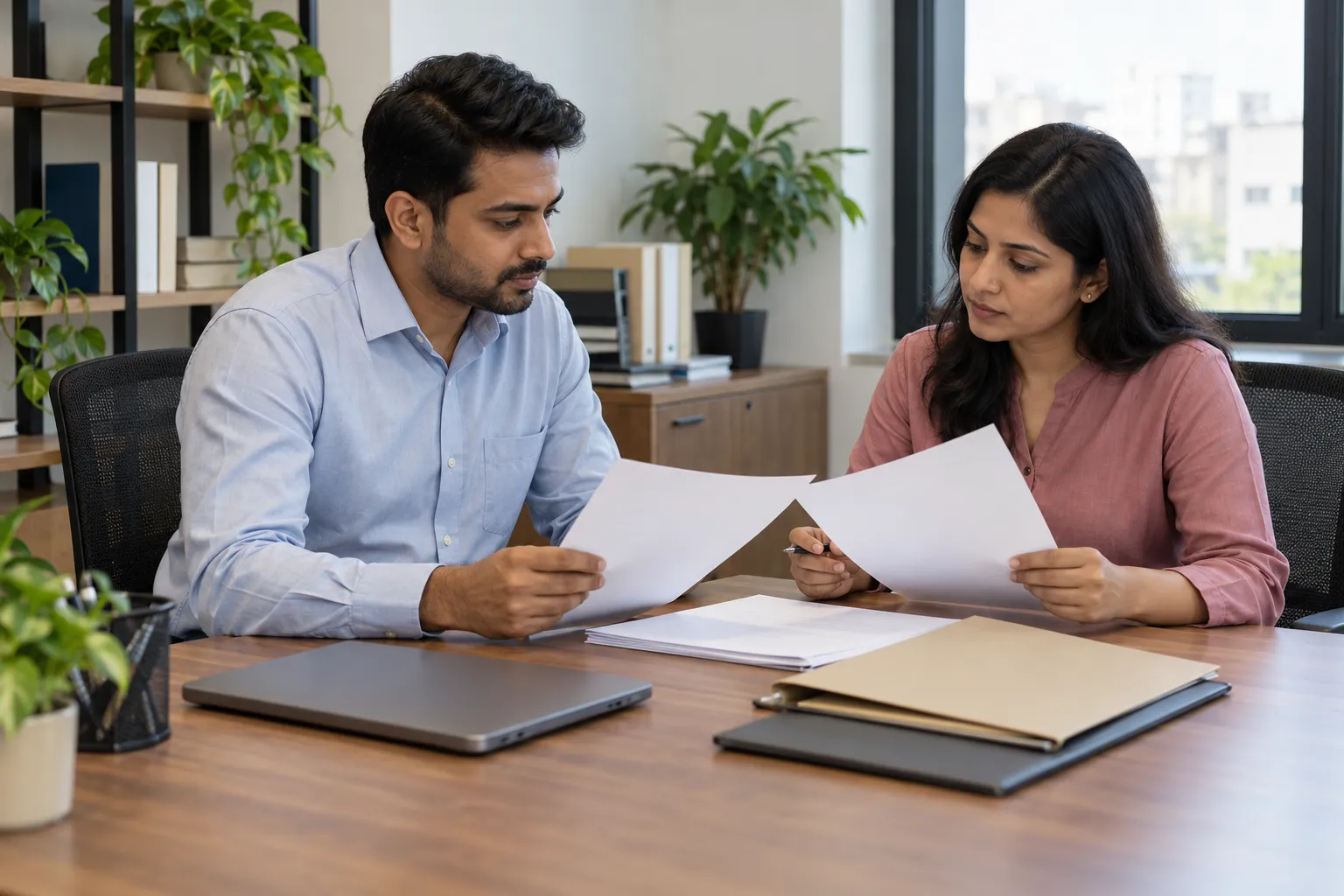 Two business professionals reviewing blank sheets at an office desk.