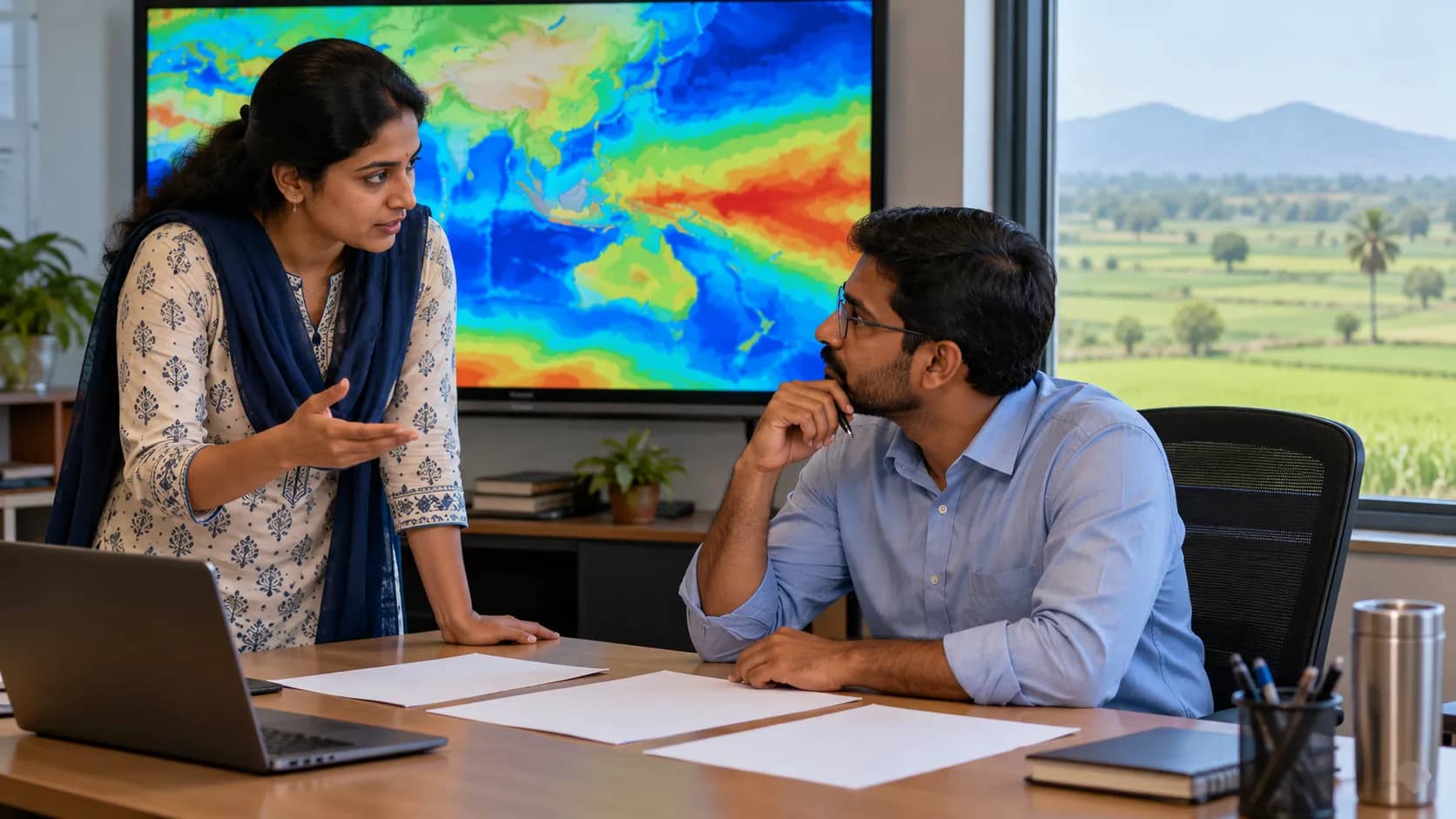 Two adults discuss weather planning beside a coloured map display, with farmland outside.
