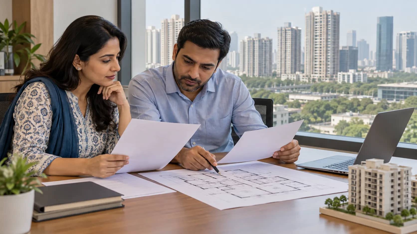 Two adults review plain papers and a floor plan at a desk, with city towers visible through a window.