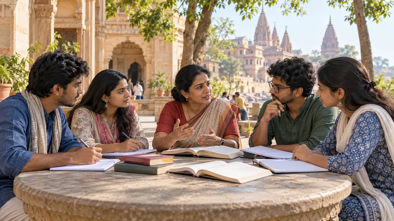 Four adult students and a mentor discuss books around a stone table in an Indian university courtyard.