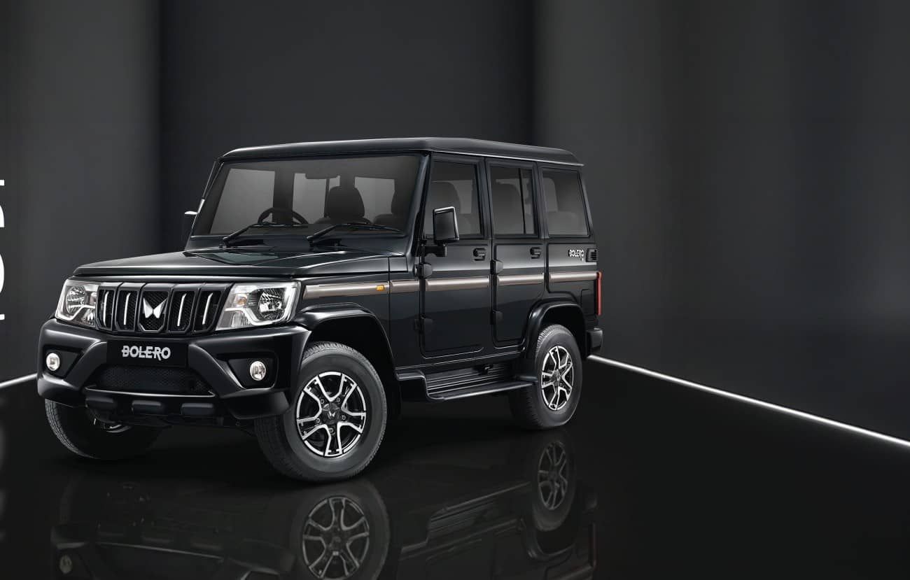 Black Mahindra Bolero SUV front three-quarter view