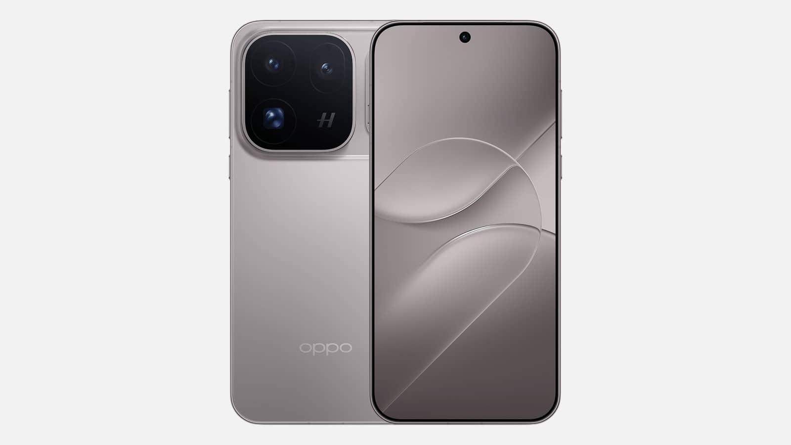 OPPO Find X10 Pro Max in Titanium Grey seen from the back and front, with its large square camera module
