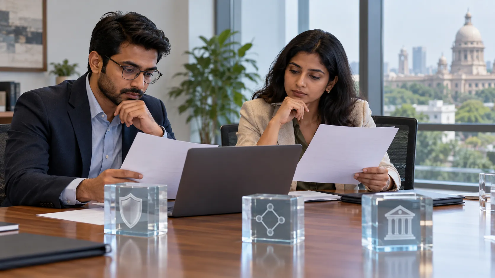 Two professionals review papers beside a laptop and glass symbols in an Indian office.