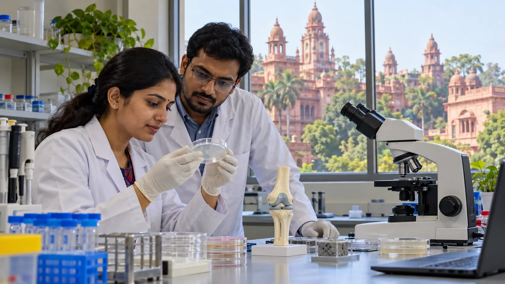 Two researchers examine a sample dish beside a microscope and a bone-joint model in a laboratory.
