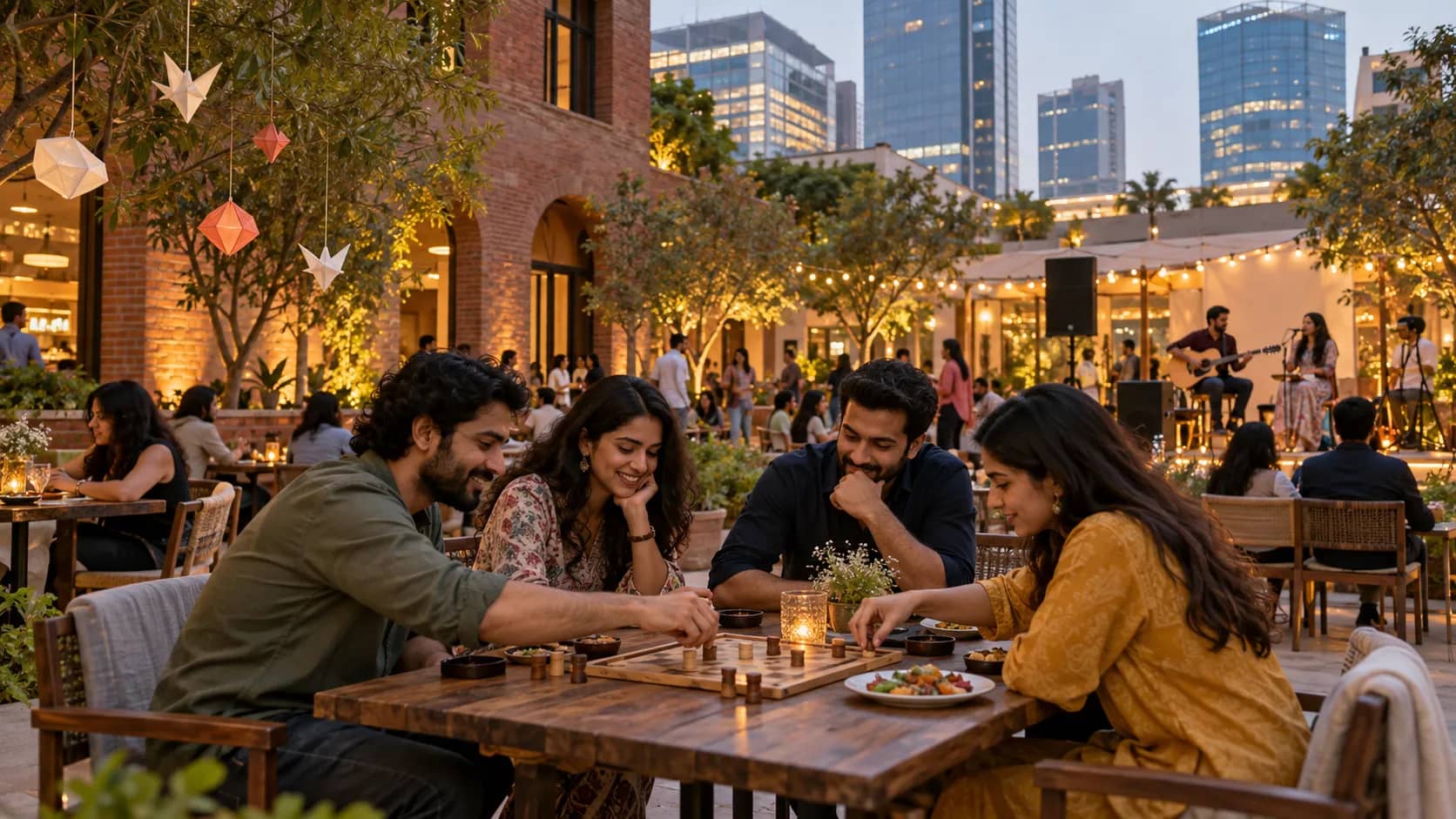 Four adults play a tabletop game in a dining courtyard, with musicians and modern buildings in the background.