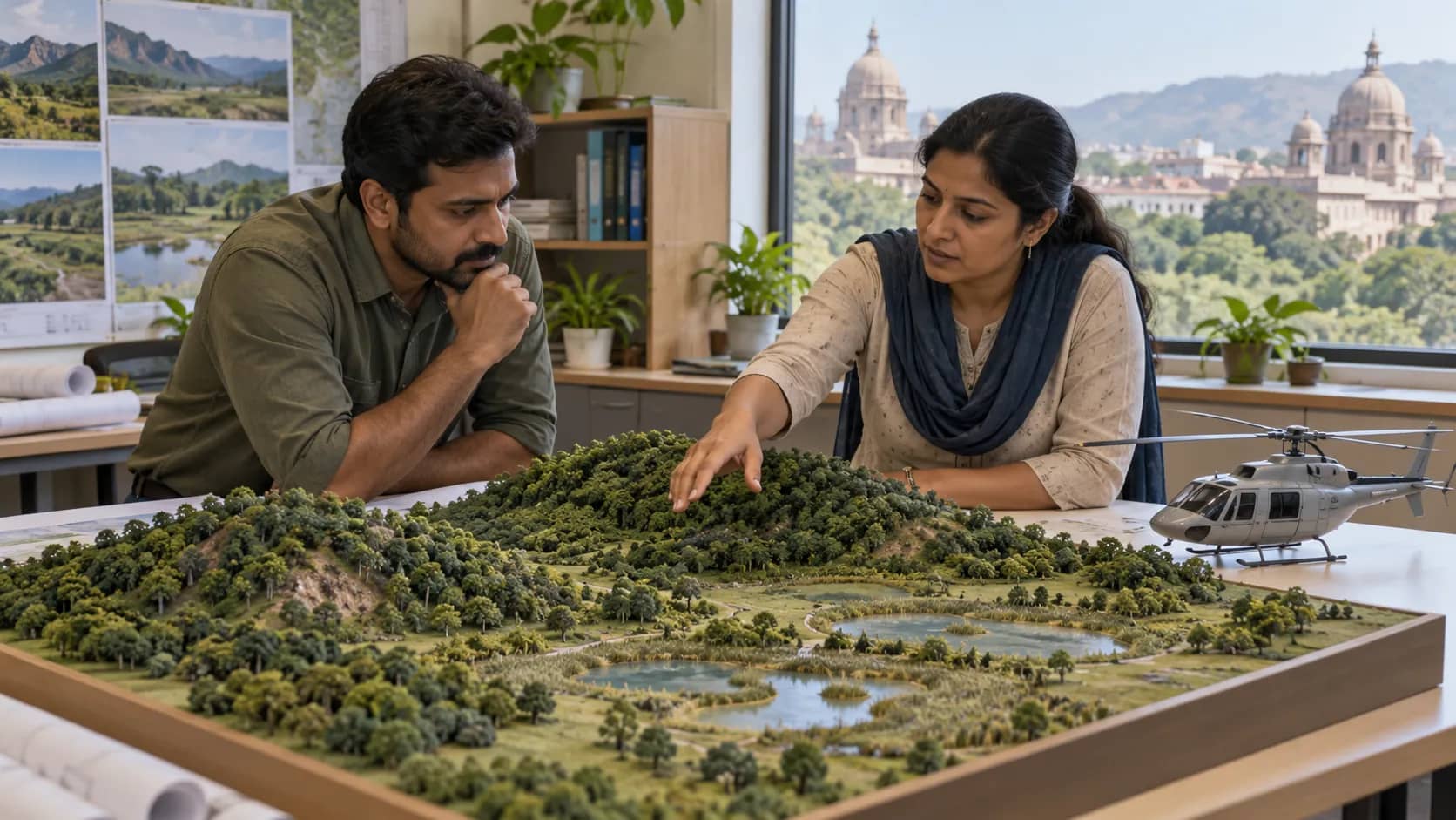Two adults examine a landscape model with trees and water, beside a model helicopter.