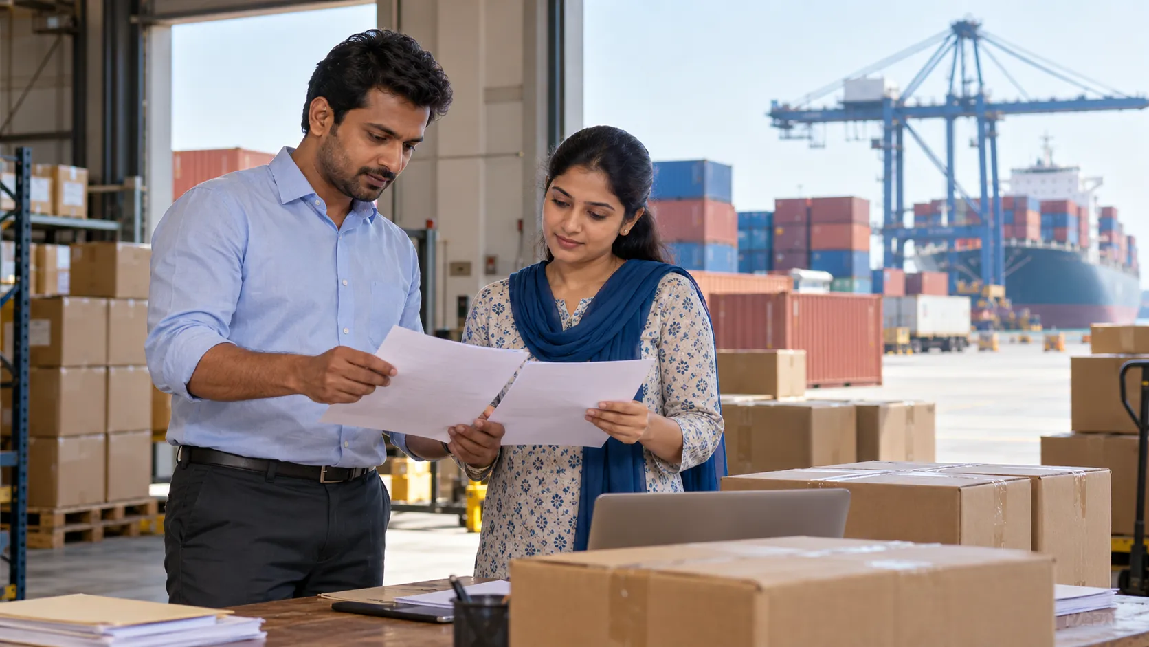 Two adults review papers beside cartons in a warehouse, with cargo containers and a crane behind them.
