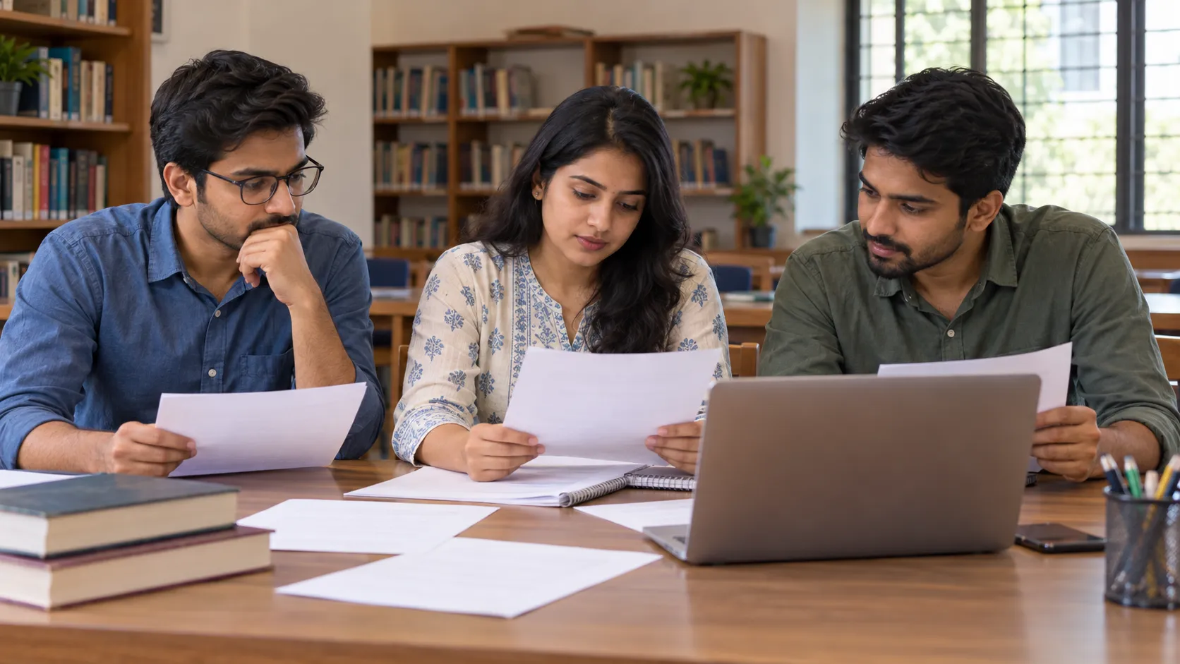 Three adults read papers beside a laptop at a study table, with bookshelves behind them.