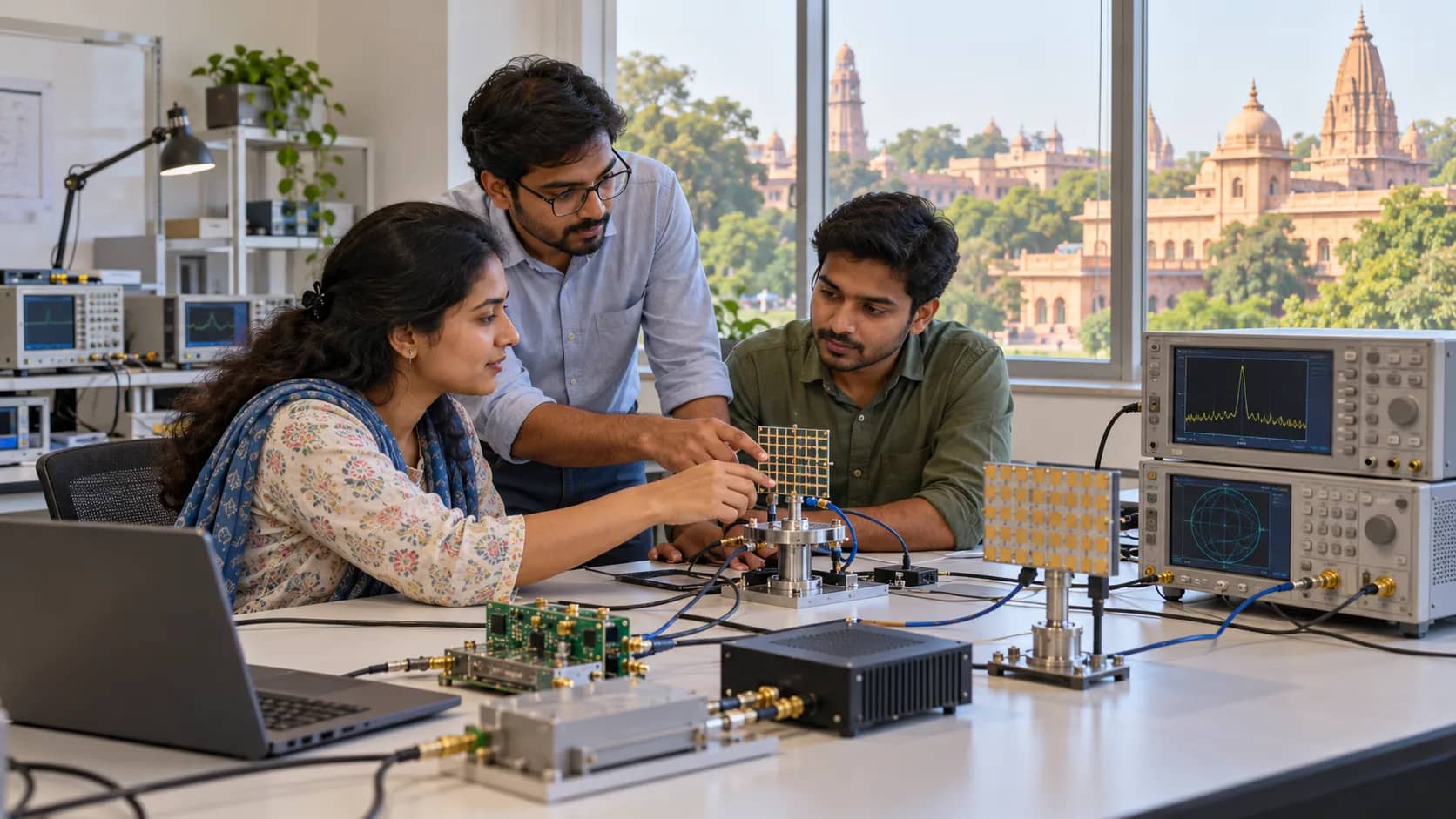Three adults work with antenna arrays and electronic test equipment in a laboratory overlooking sandstone buildings.