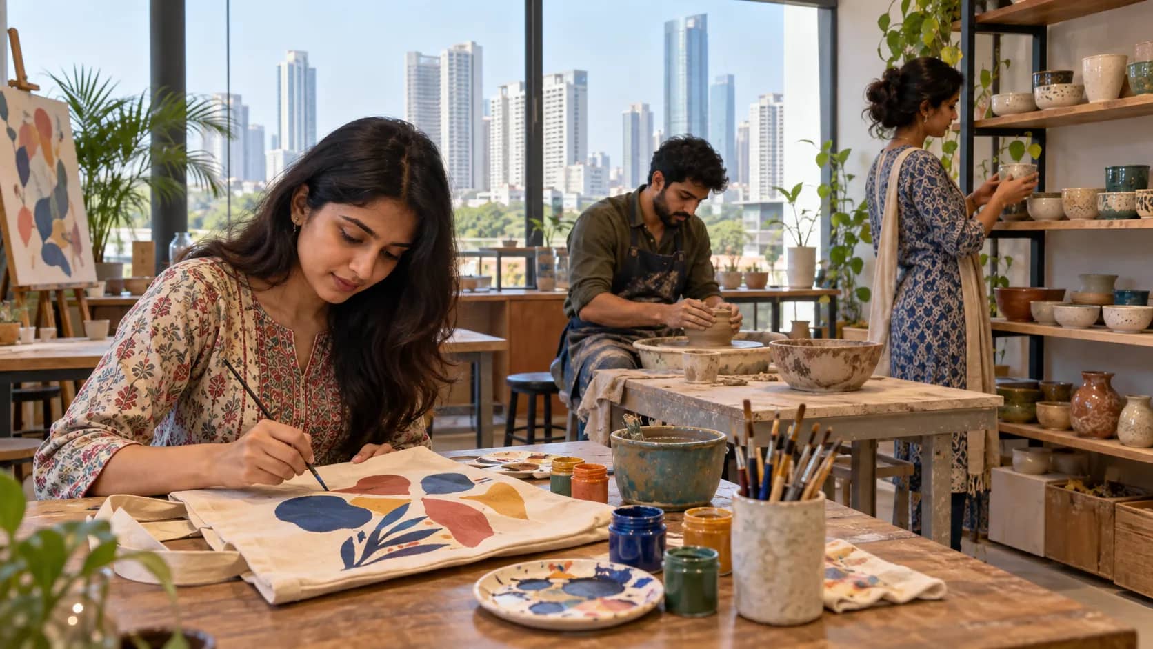 Three adults paint a canvas tote, shape clay and examine ceramics in a studio overlooking city high-rises.
