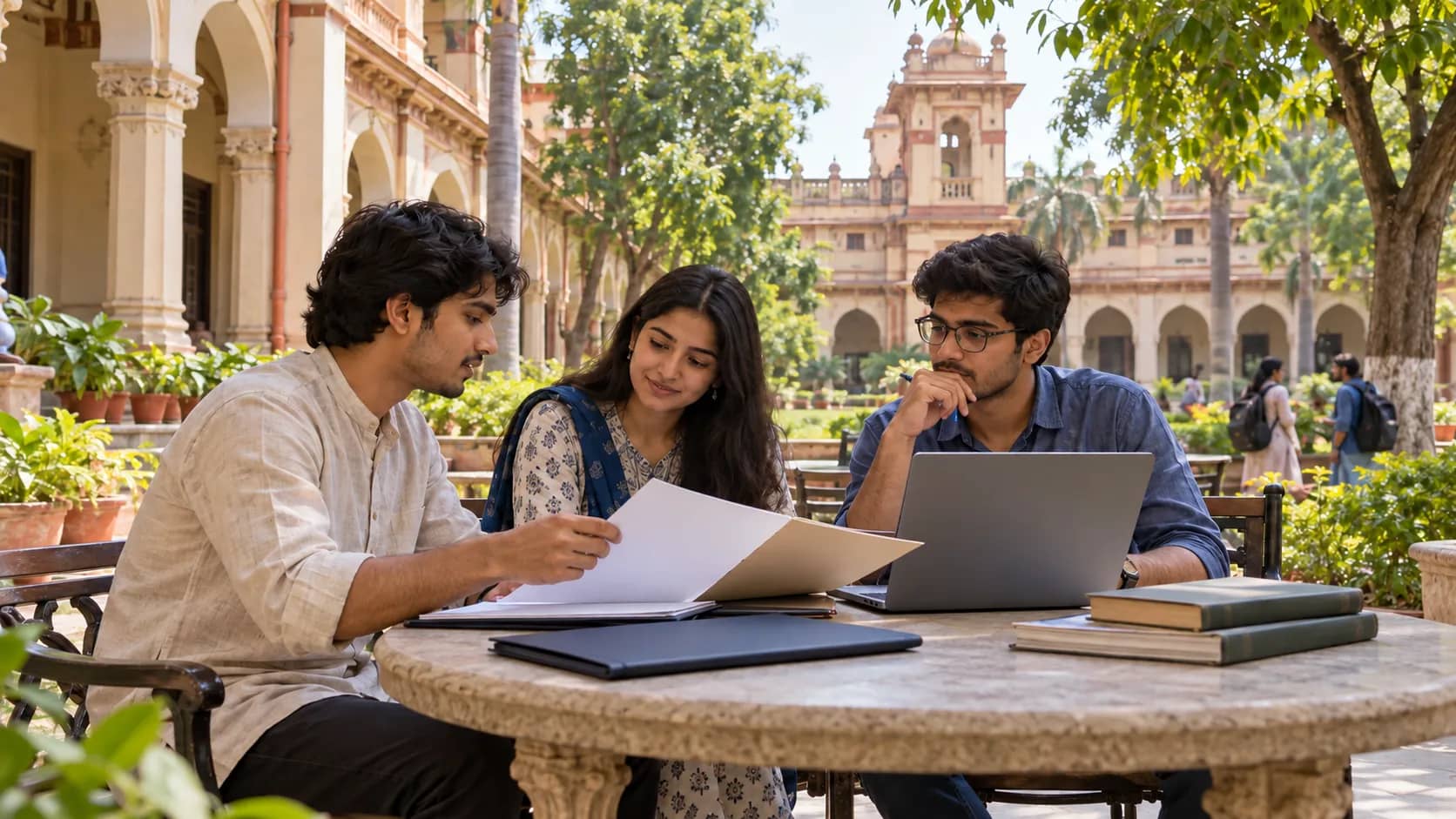 Three adult students review papers beside a laptop in a shaded sandstone campus courtyard.