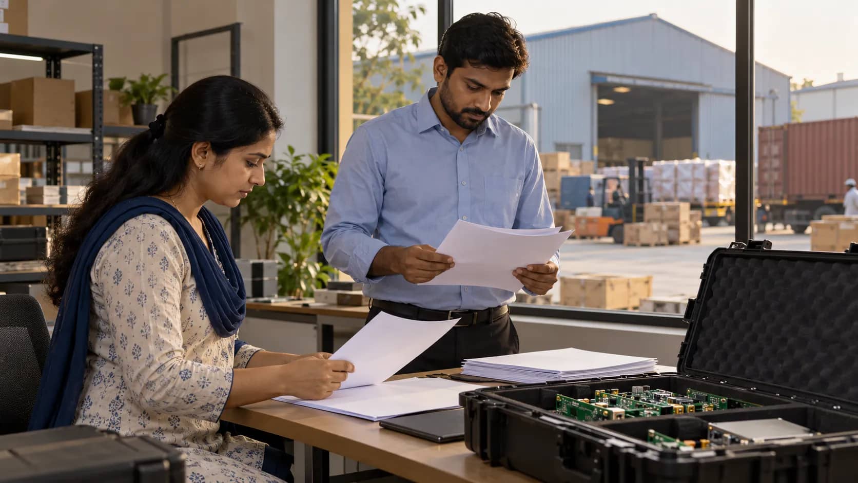 Two adults review paperwork beside an open case of circuit boards in an industrial office.