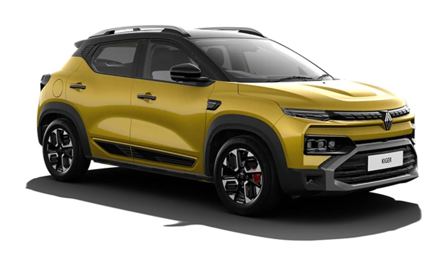 Yellow Renault Kiger with black roof, side three-quarter view