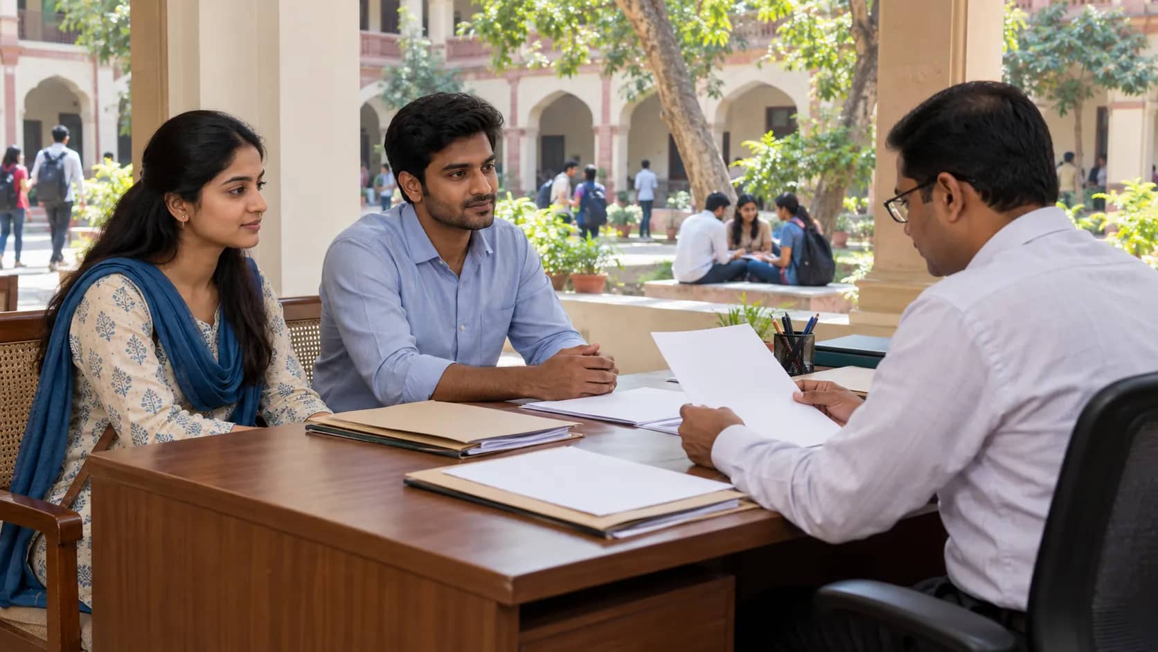Two adult applicants sit across from a staff member reviewing papers at a campus desk.