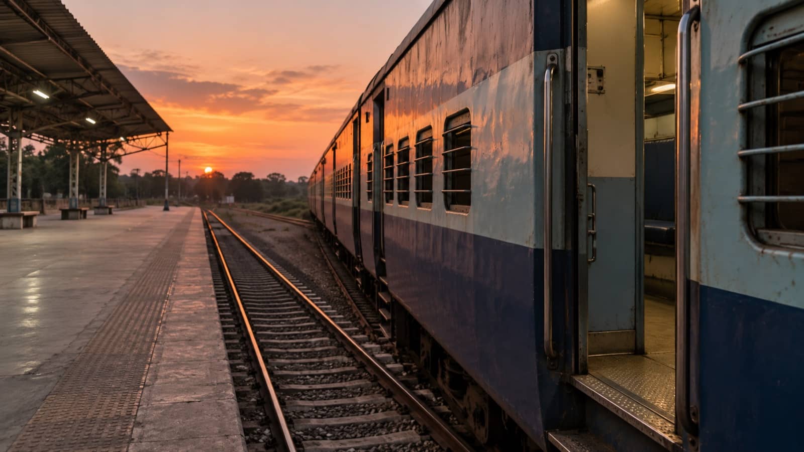 An unmarked passenger train at a quiet platform