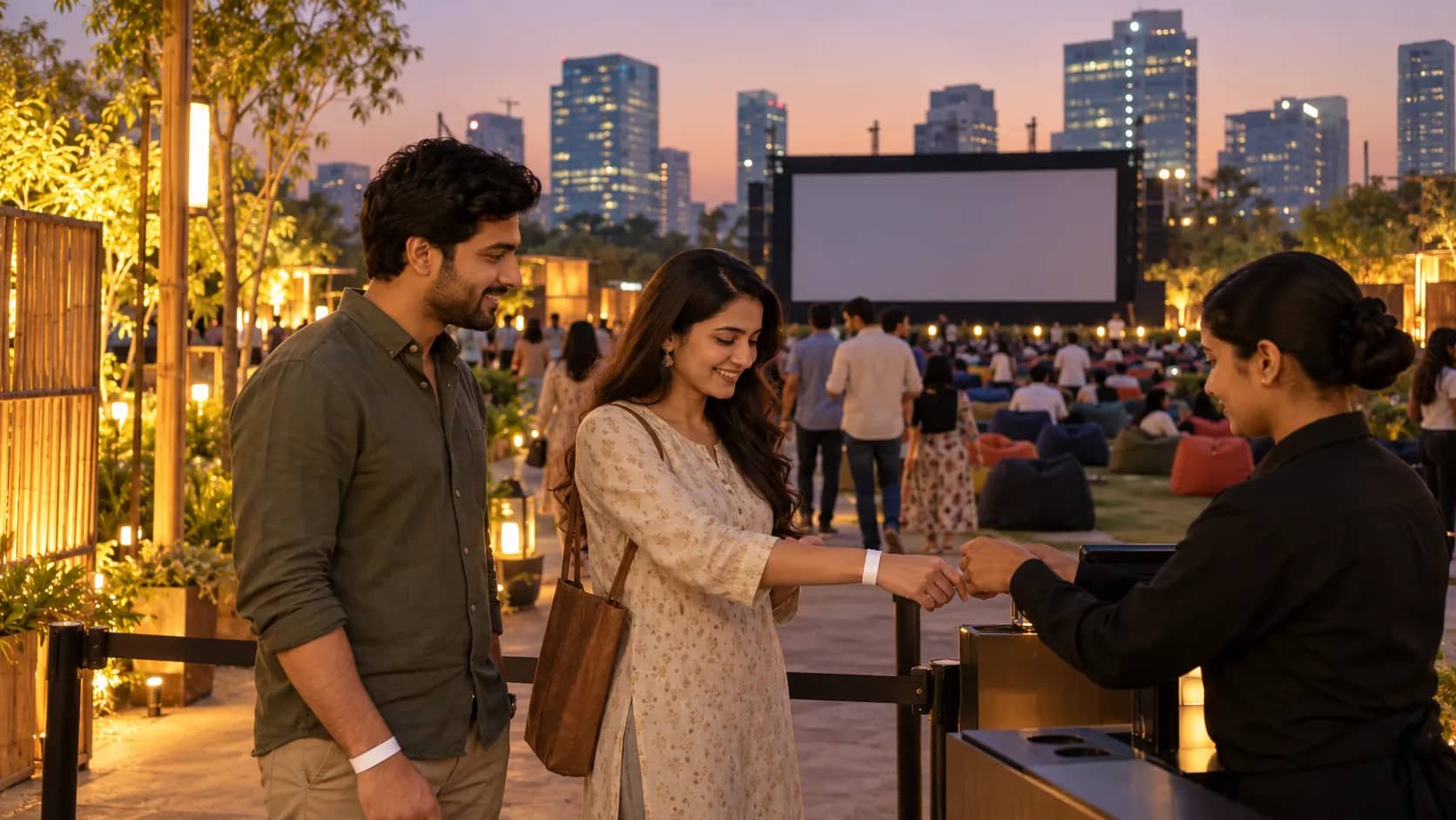 Two adults show wristbands to an entrance attendant beside an outdoor cinema with a blank screen and office towers.