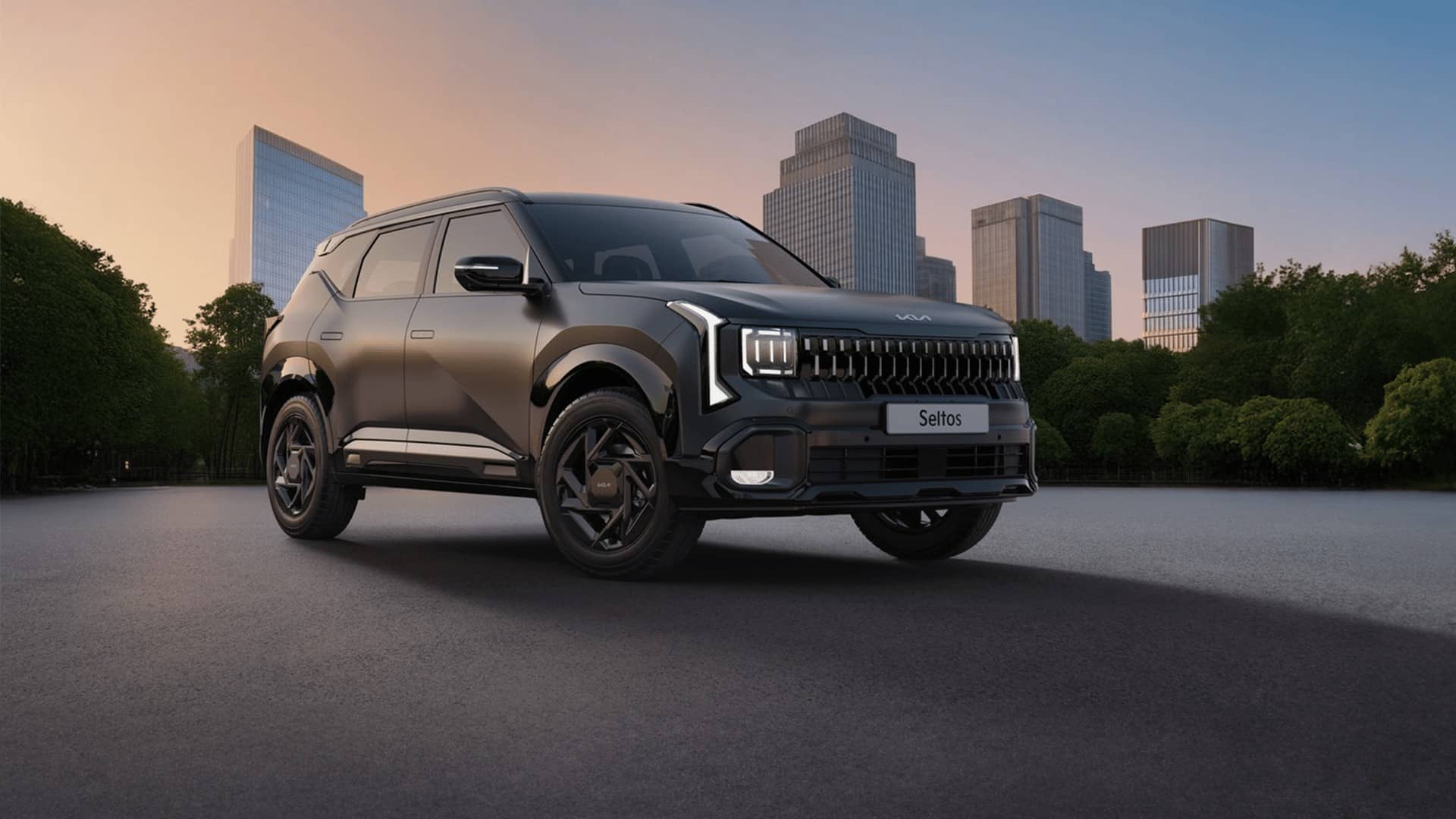 All-new Kia Seltos SUV parked in front of a city skyline