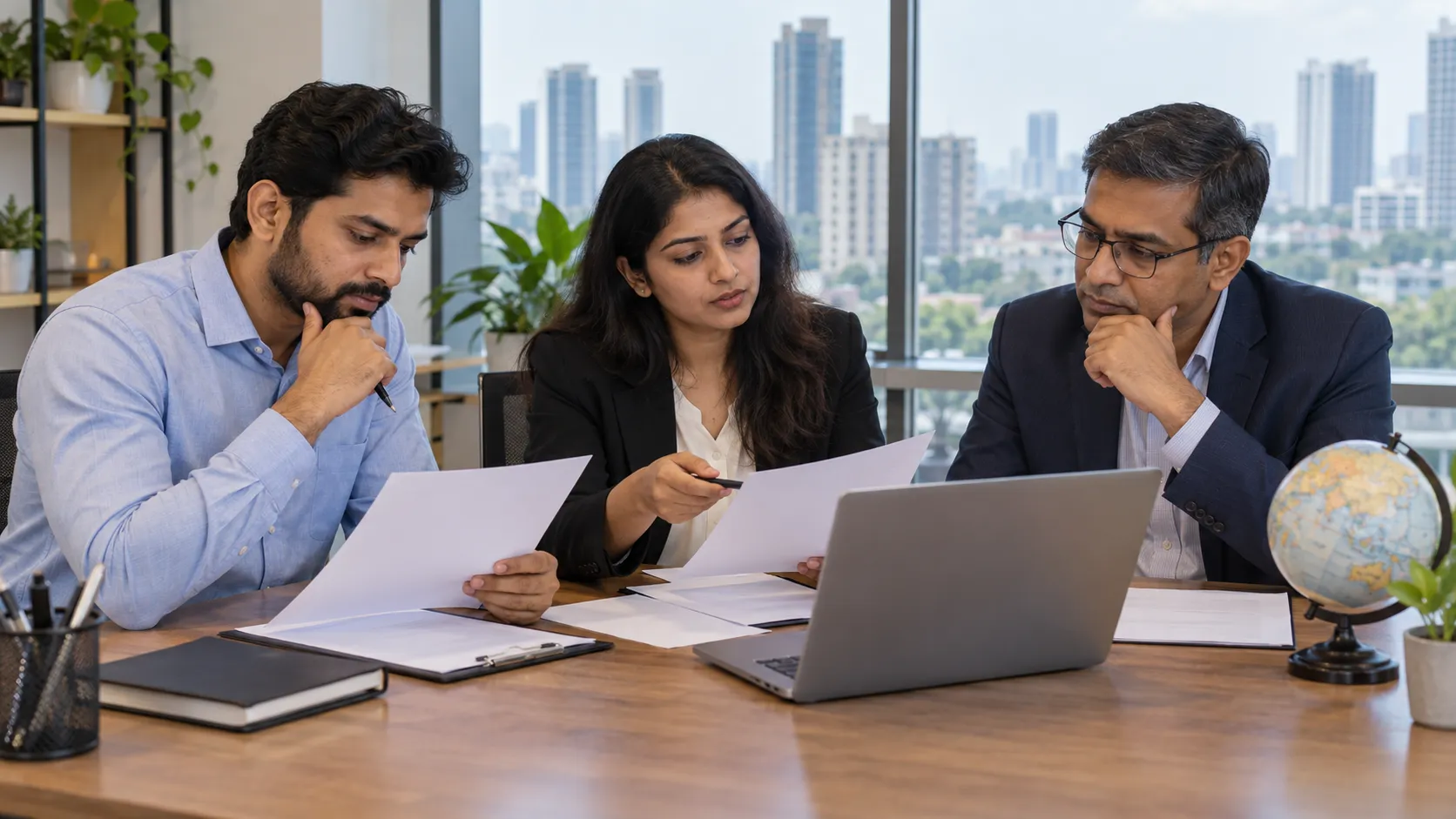 Three adult colleagues review blank papers beside a laptop and globe in a modern office.