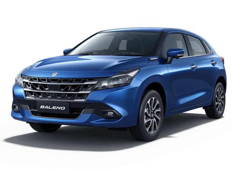 Blue Maruti Suzuki Baleno hatchback, front three-quarter view
