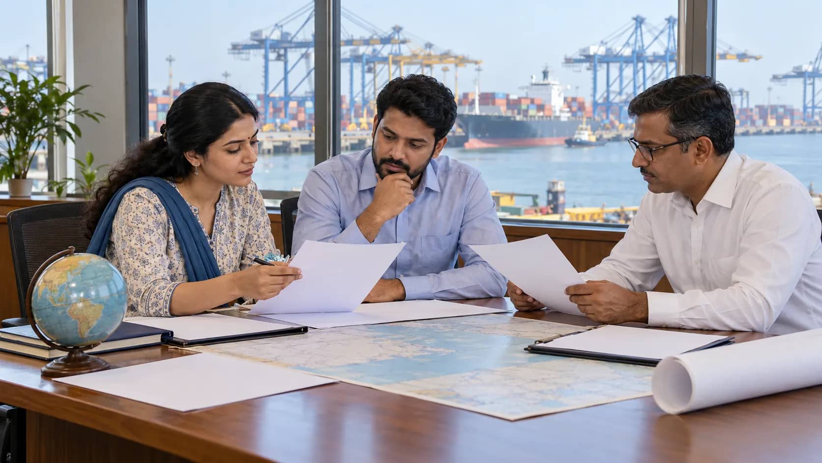 Three adults review papers beside a globe and map in an office overlooking cargo ships and port cranes.