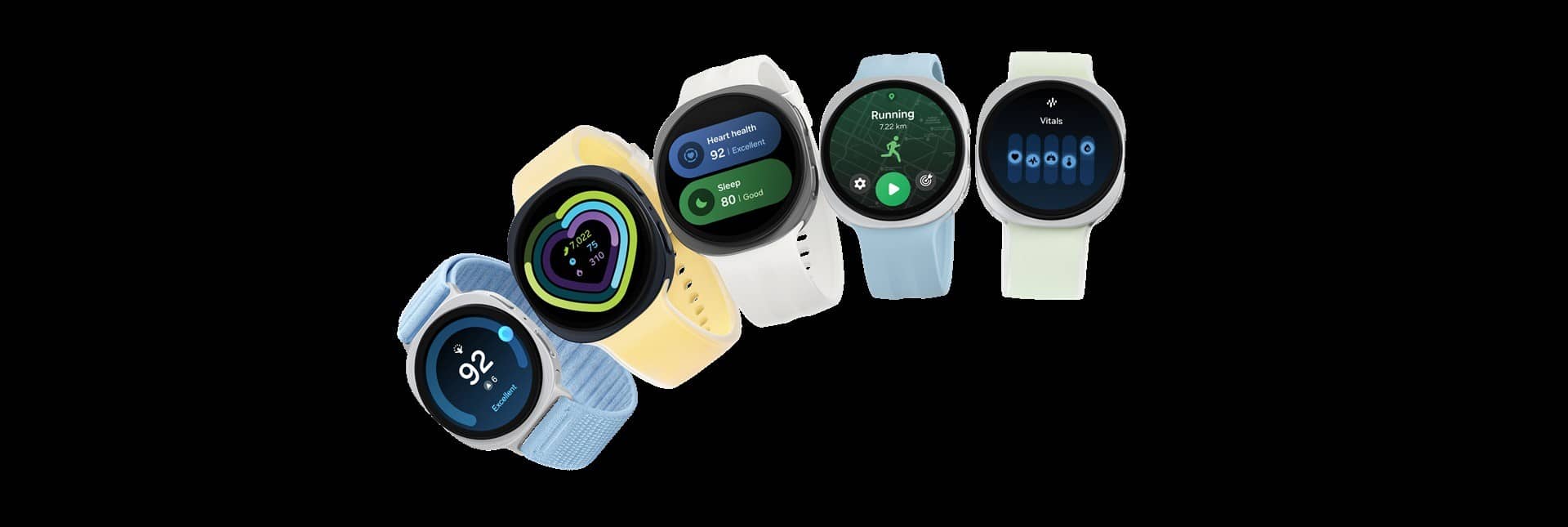 Several Samsung Galaxy Watch9 models with colourful straps arranged in a row