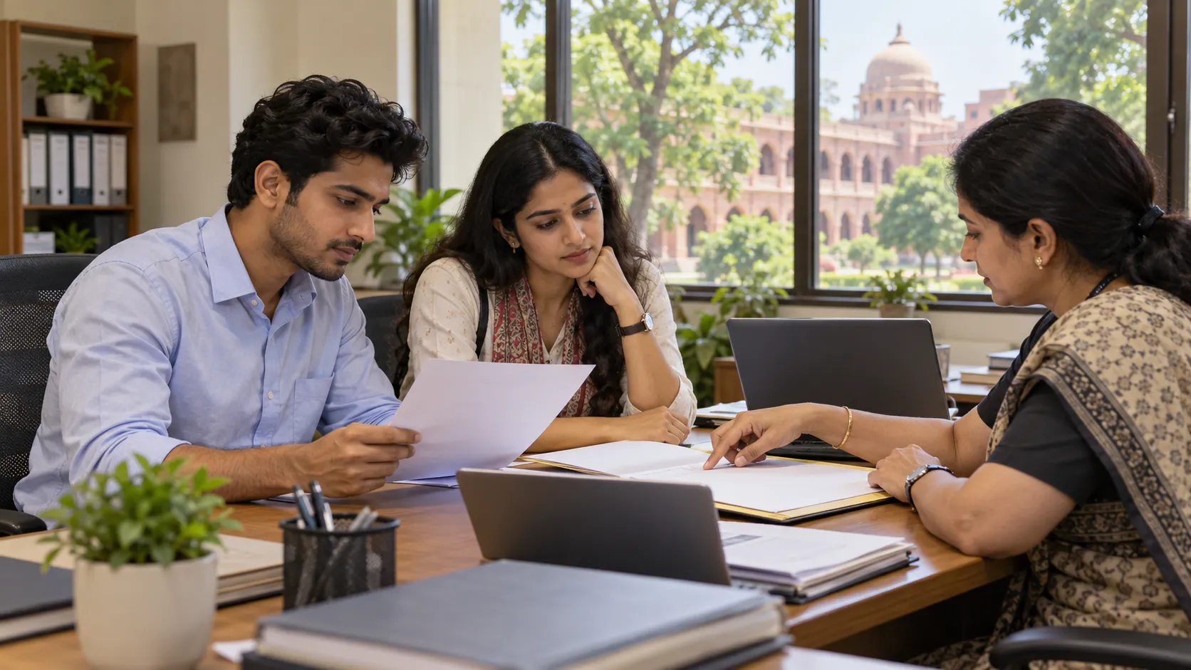 Two adult applicants review papers with a staff member at a desk with laptops and a campus building visible through the windows.