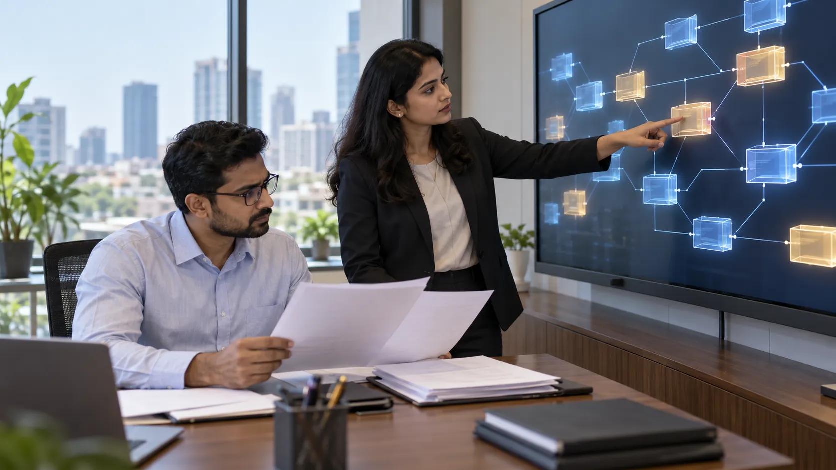A woman points to connected blocks on a large screen while a seated man reviews papers in an office.