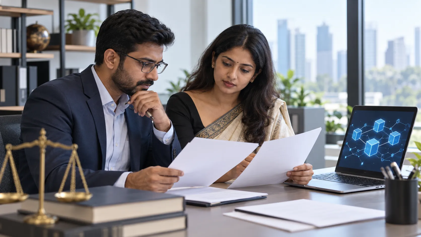A man and a woman review papers beside a laptop displaying connected blocks.