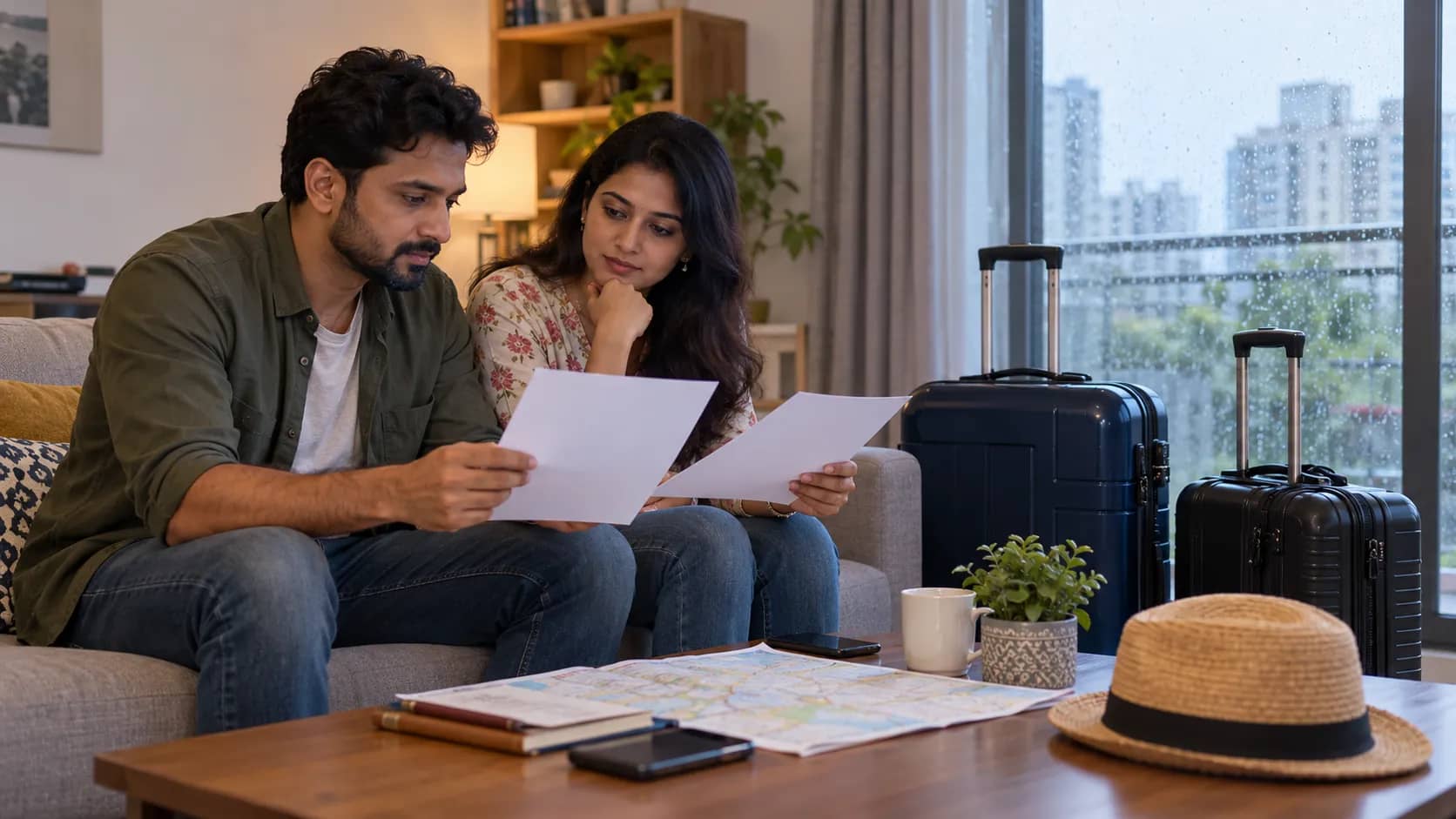 A man and a woman review papers beside two suitcases and a rain-covered window.