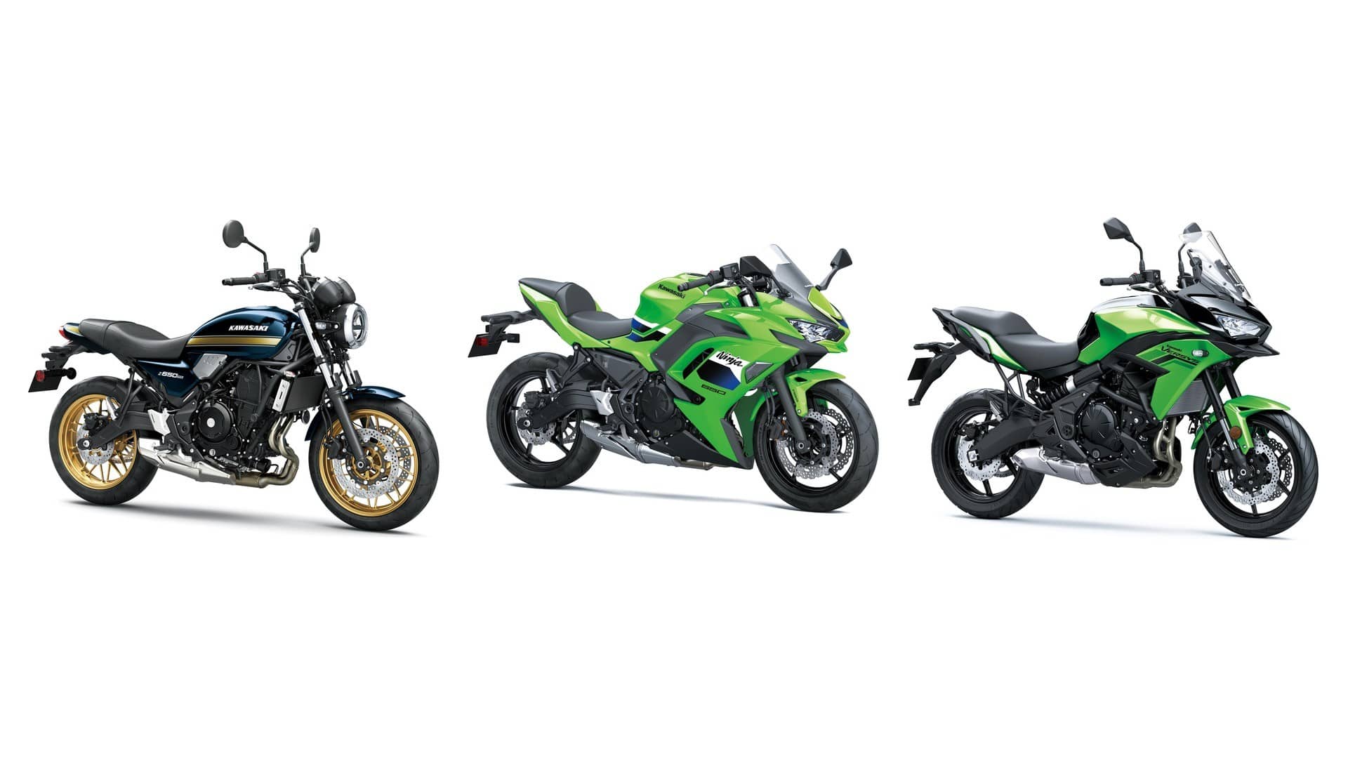 Three Kawasaki 650cc motorcycles side by side: a retro Z650RS, a green Ninja 650 and a green Versys 650
