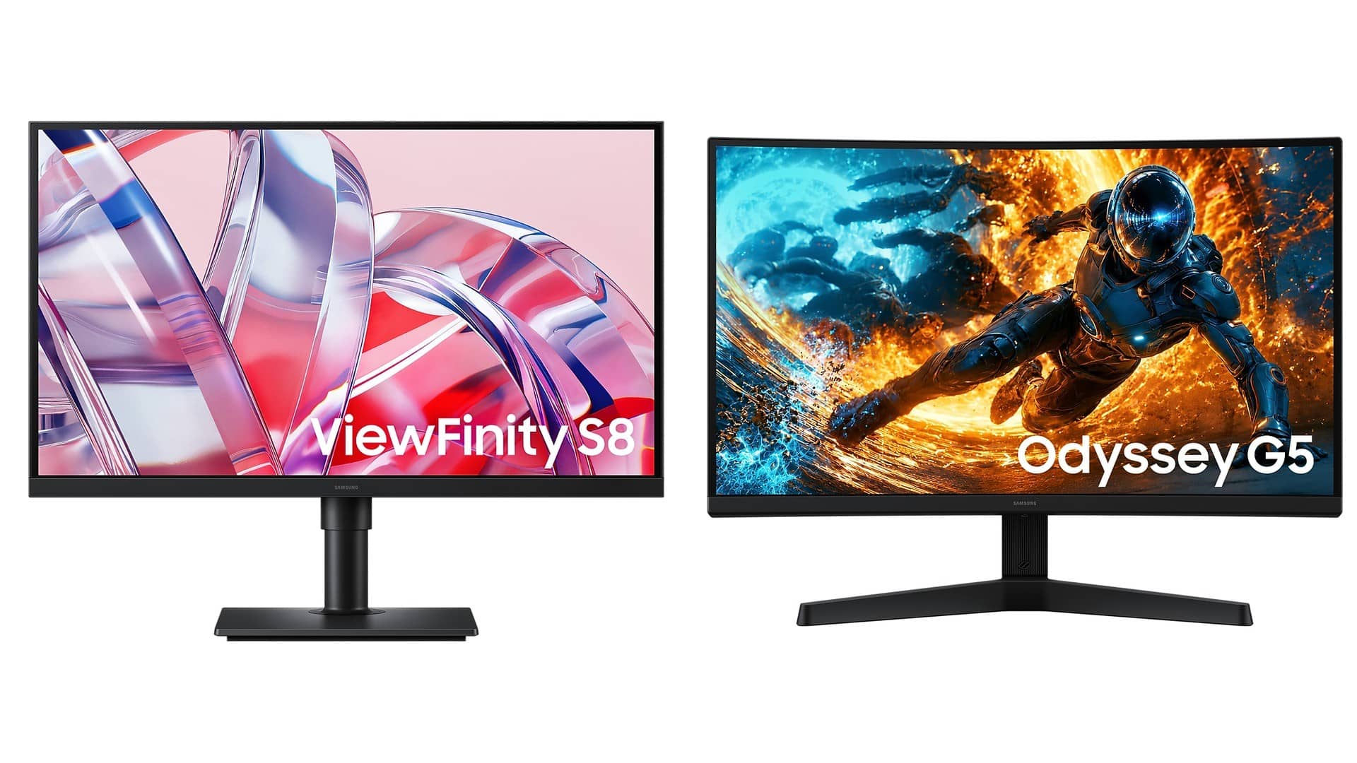 A Samsung ViewFinity S8 monitor beside a curved Samsung Odyssey G5 gaming monitor on a white background
