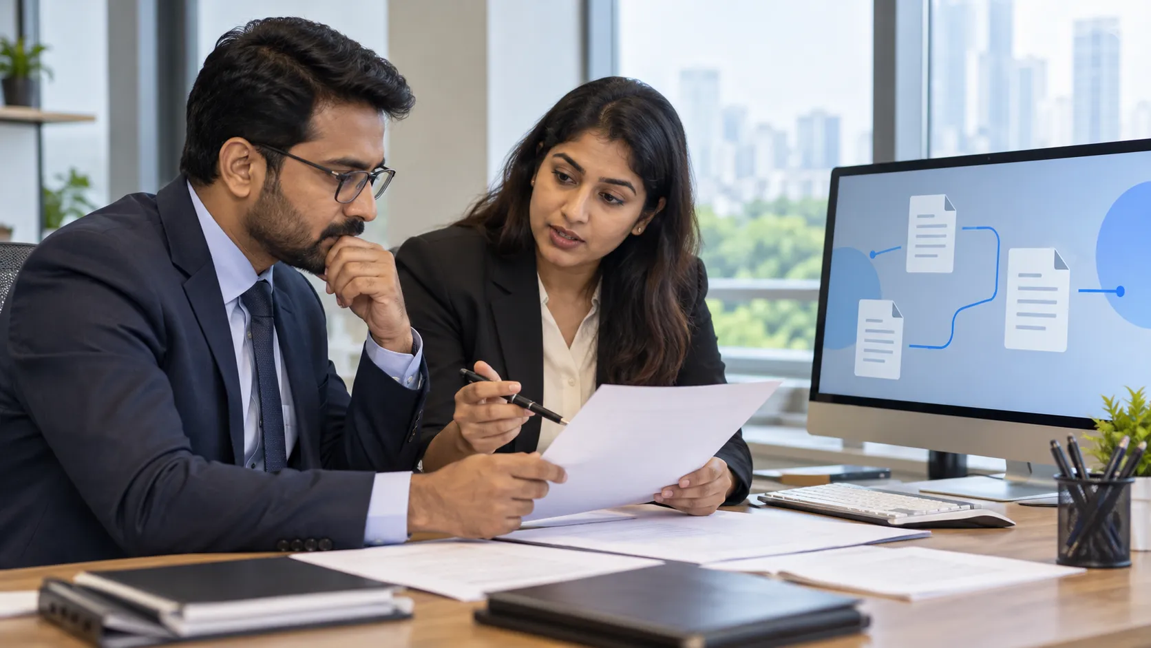 A man and a woman review papers beside a desktop monitor displaying document icons.