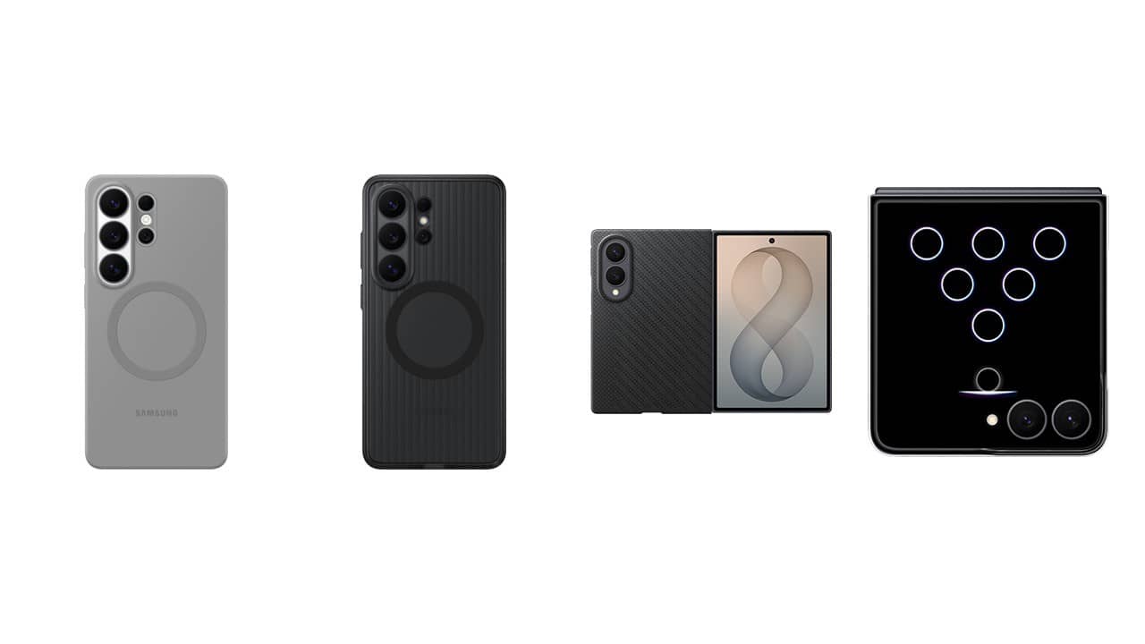Four Samsung phone cases in grey, black and carbon finishes for Galaxy S26 Ultra, Z Fold8 and Z Flip8 on a white background