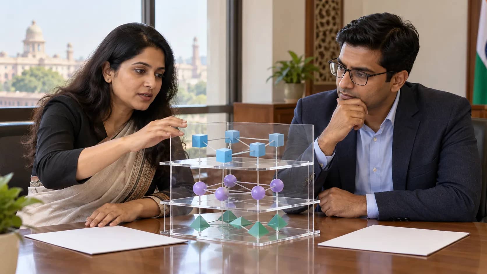 A woman and a man discuss a three-layer model of connected geometric shapes in an office.