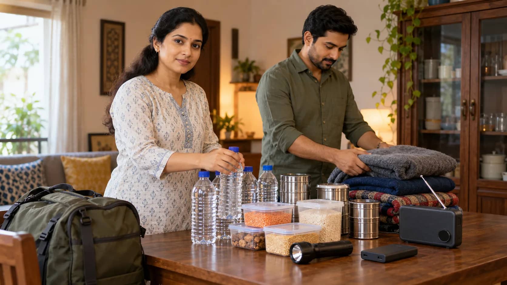 A woman and a man arrange water bottles, food containers, blankets, a torch and a radio on a table at home.
