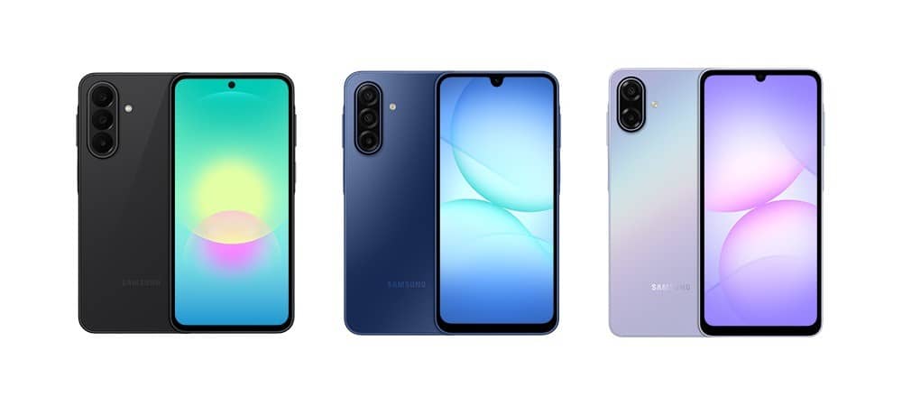 Three Samsung Galaxy A series phones side by side in black, dark blue and light violet