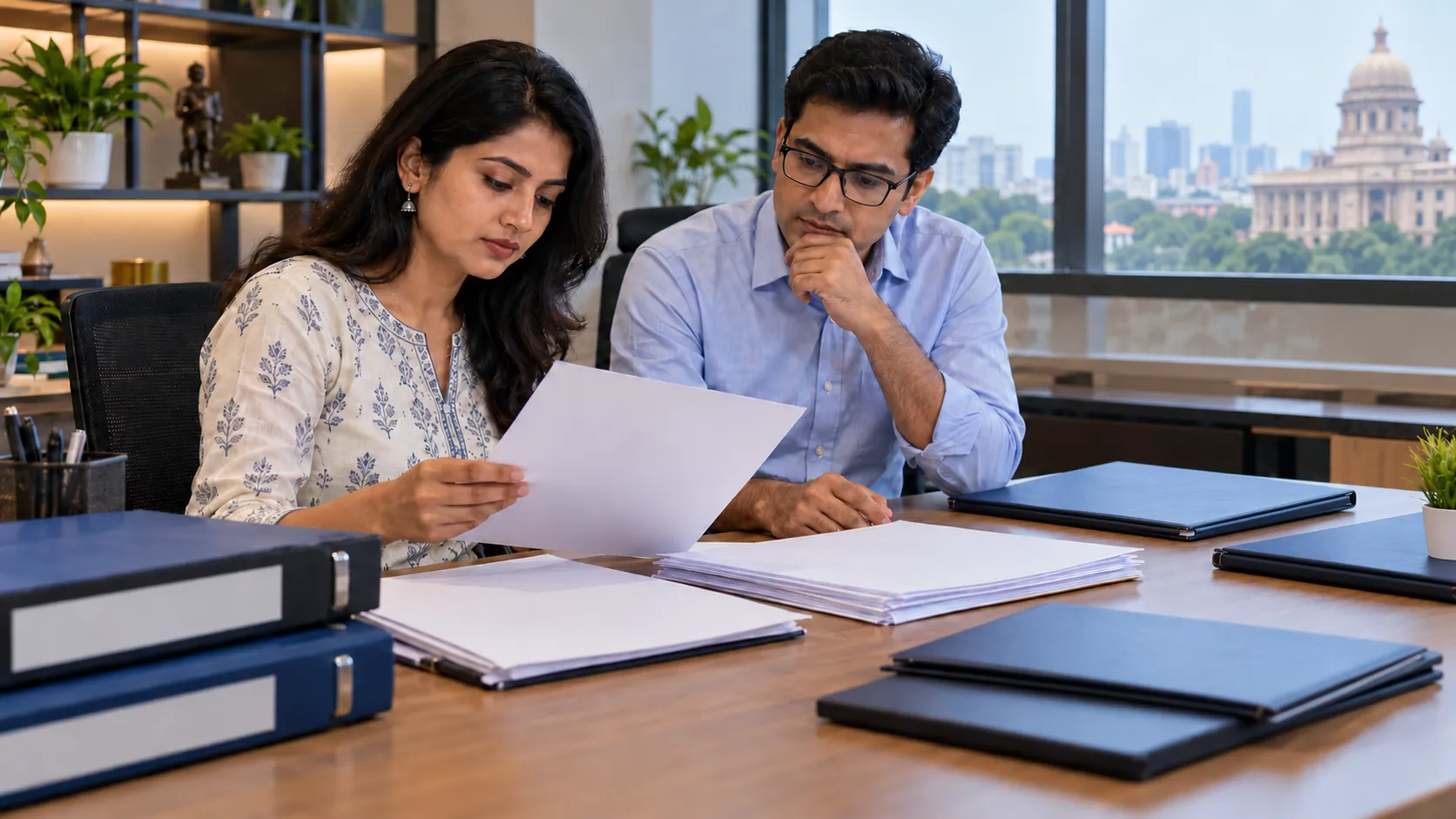 A woman and a man review blank papers beside document folders in an office.
