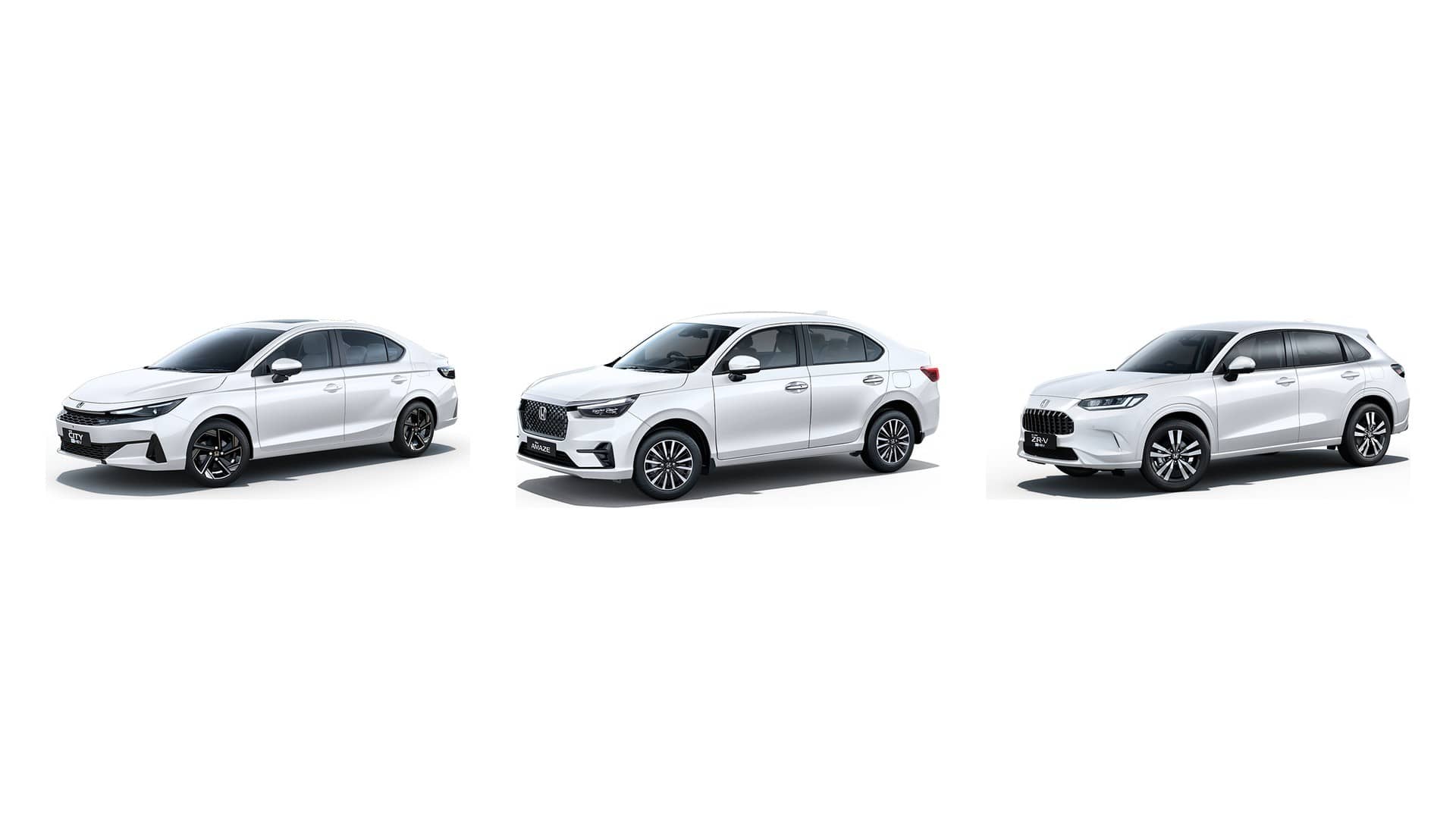 Three white Honda cars side by side: a City sedan, an Amaze sedan and a ZR-V SUV
