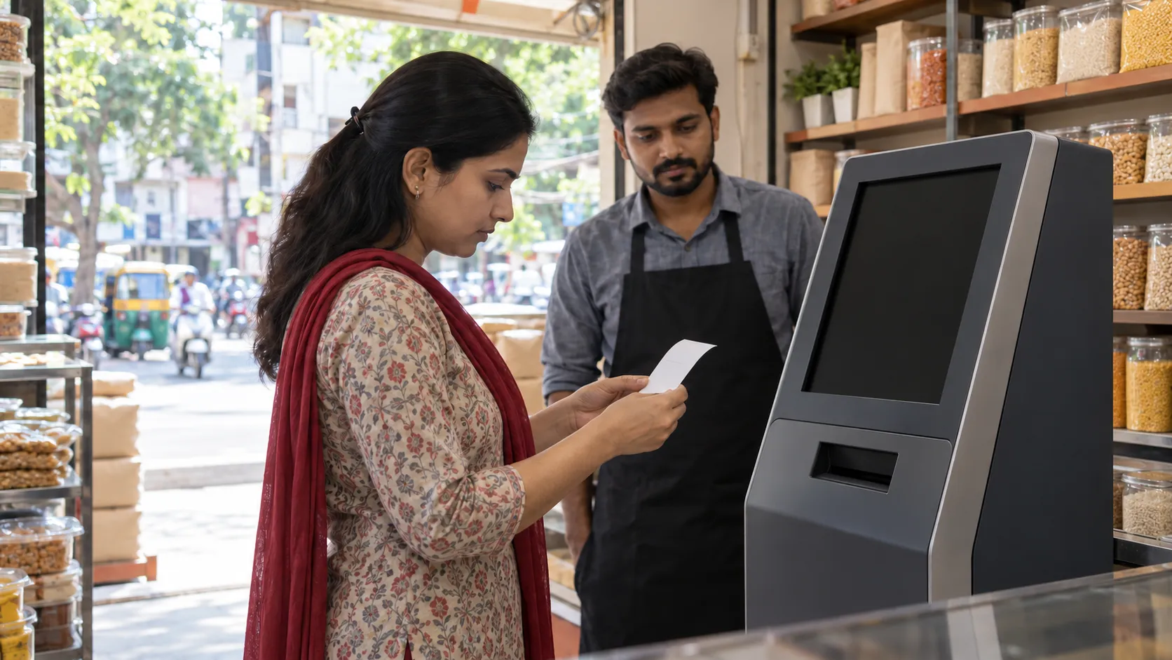 A woman reads a paper beside a blank-screen kiosk while a shop worker stands behind her in a grocery shop.