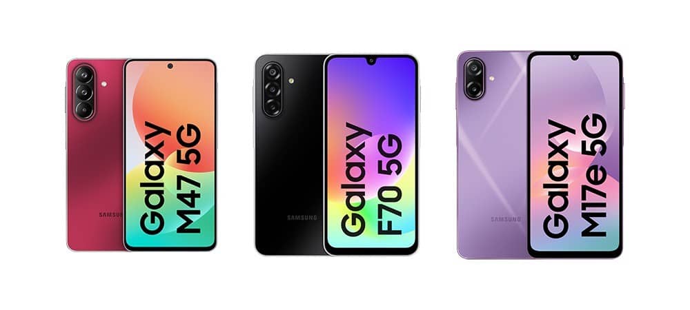 Three Samsung Galaxy phones side by side: a red Galaxy M47 5G, a black Galaxy F70 5G and a purple Galaxy M17e 5G