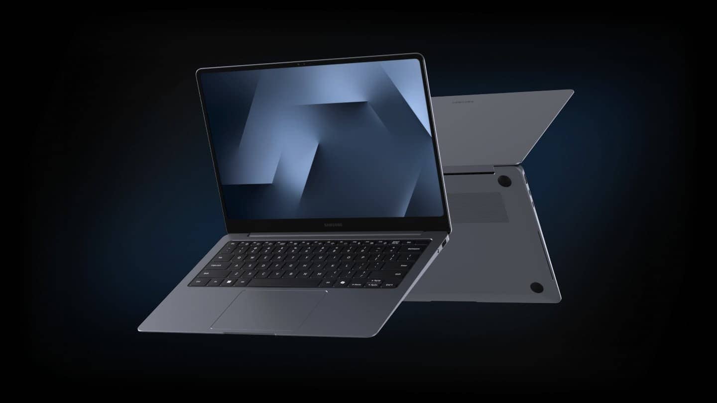 A Samsung Galaxy Book6 laptop open on a dark background beside a second laptop seen from behind
