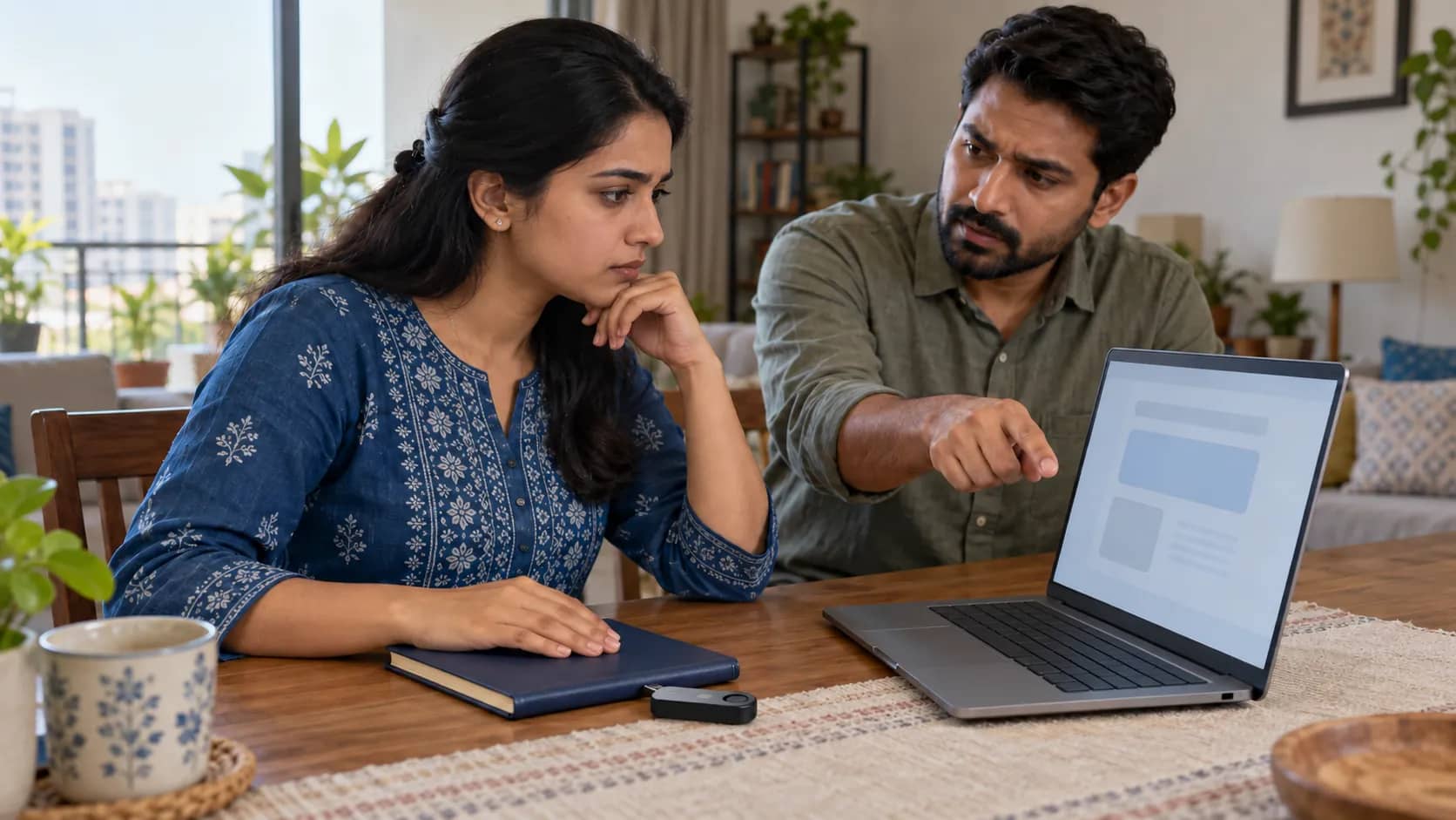 Two adults examine a laptop beside a closed notebook and a small digital wallet device in an Indian home.