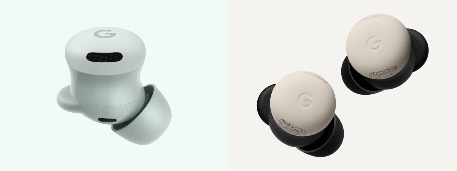 Two Google Pixel earbuds images, one light green earbud on the left and a pair of cream and black earbuds on the right