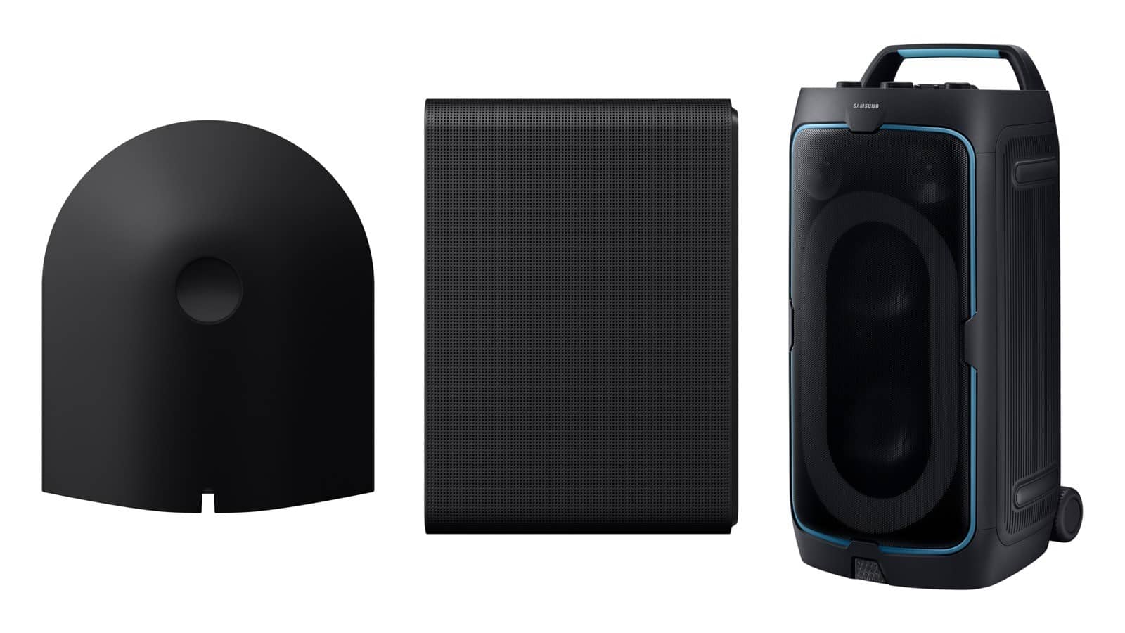 Samsung Music Studio 5 and Music Studio 7 speakers in black beside the Samsung Sound Tower ST50F party speaker