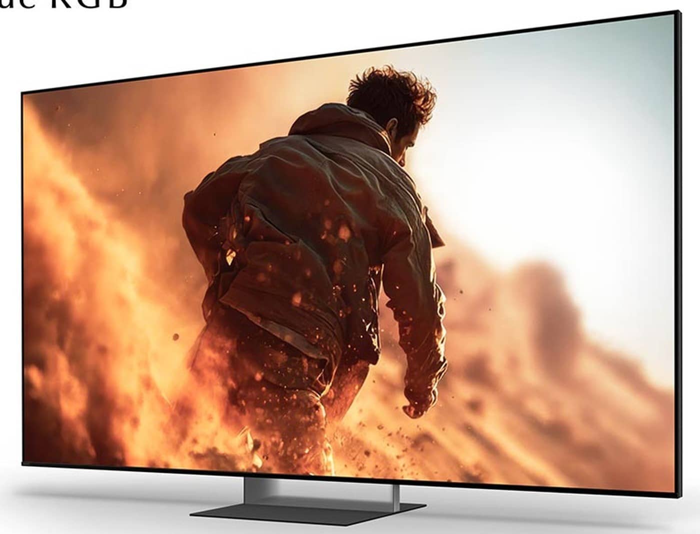 A Sony BRAVIA 7 II television on a centre stand showing a man walking through orange dust