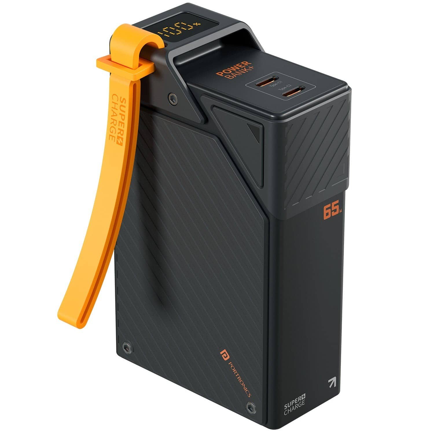 A black Portronics Halley 20K power bank with an orange carry strap