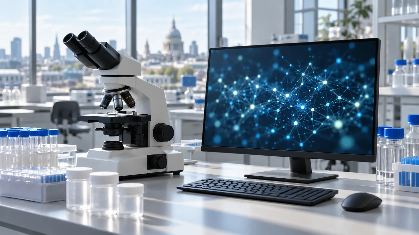 A microscope and computer displaying an abstract network in an illustrative laboratory overlooking London.