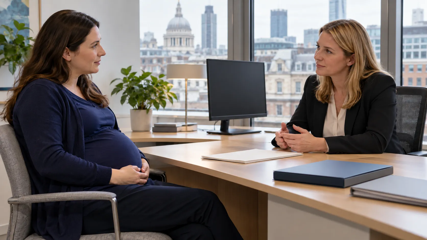 A pregnant employee and a manager talk across a desk in an illustrative British office.