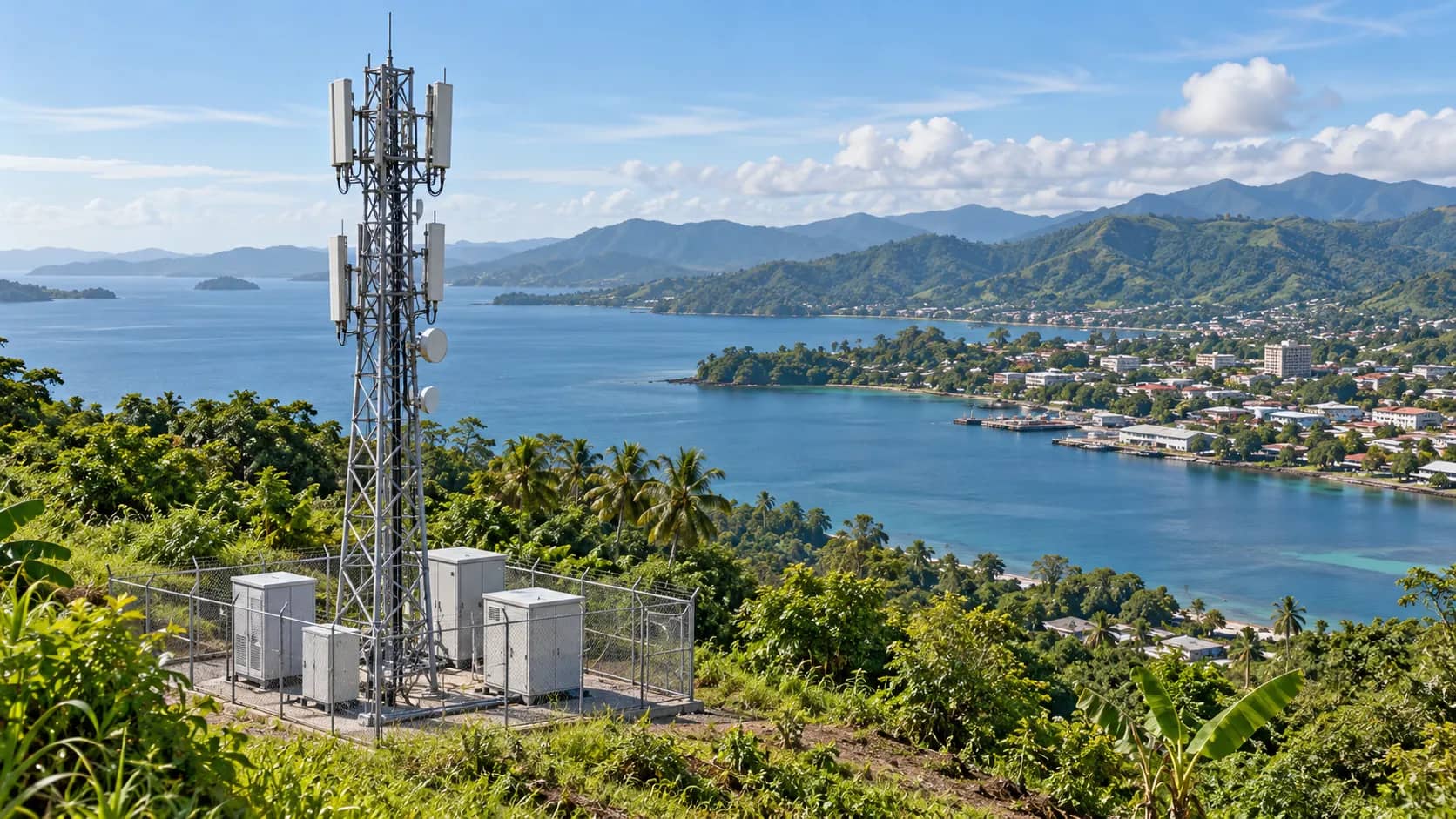 An illustrative telecommunications mast and network cabinets overlooking a tropical Pacific coastal town.