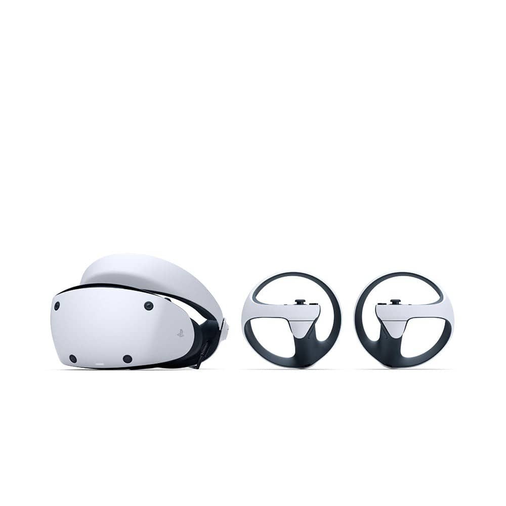 A white PlayStation VR2 headset beside its two Sense controllers